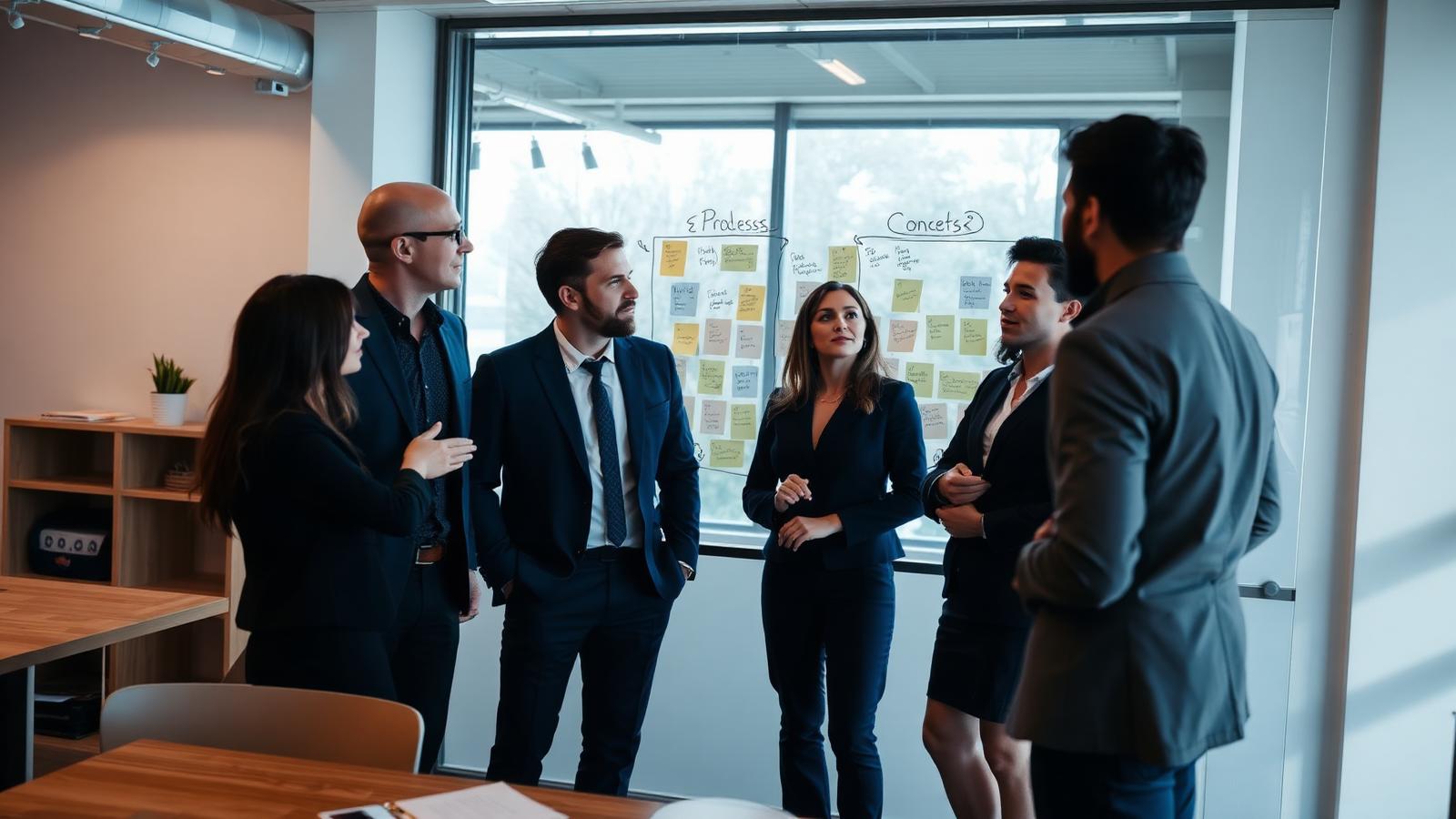 Team mapping a process on a glass whiteboard
