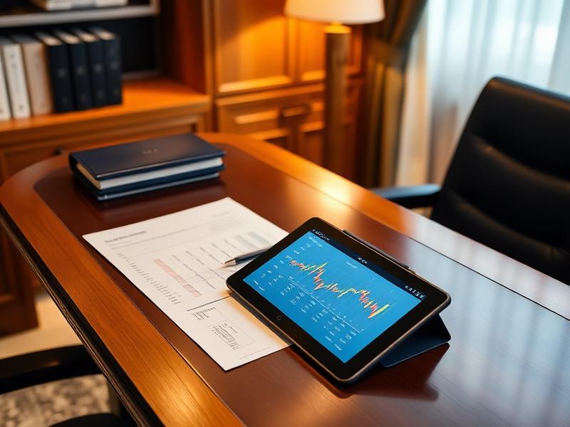 Private wealth office desk with portfolio reports on a tablet