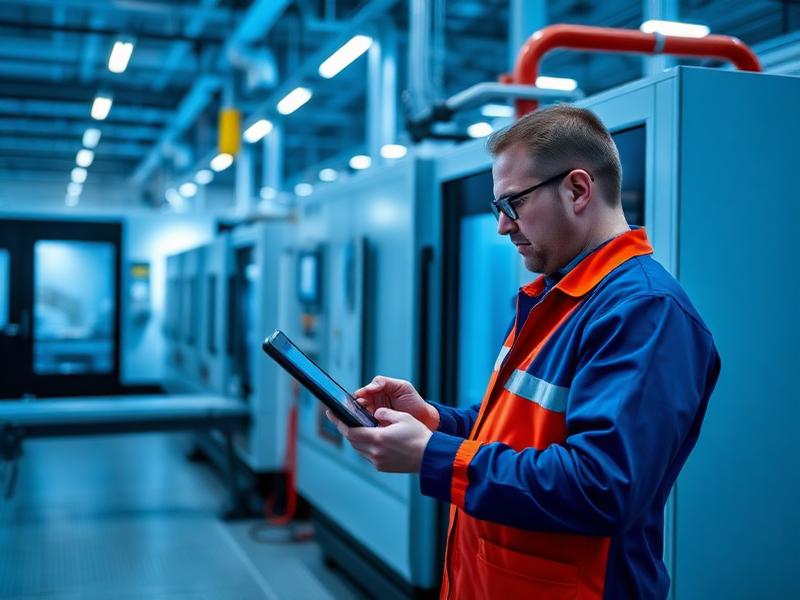 Plant worker using a tablet beside CNC machinery