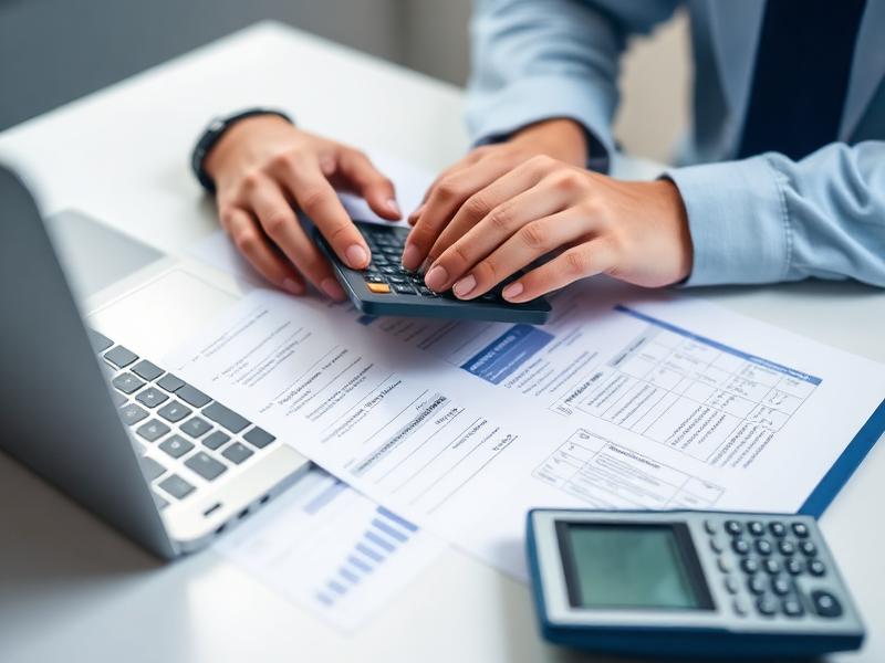 Accountant reviewing tax forms with a calculator and laptop